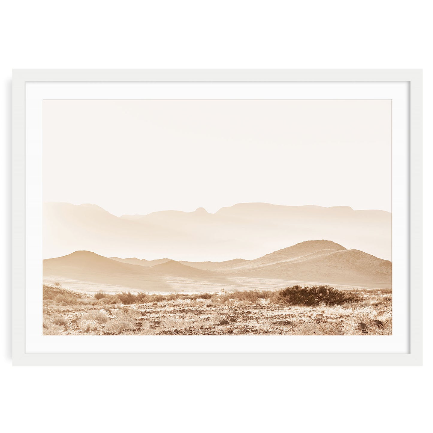Minimalist fine art photo of desert mountains in soft neutral tones, modern boho wall art for beige nature-inspired interiors and grounded home decor.