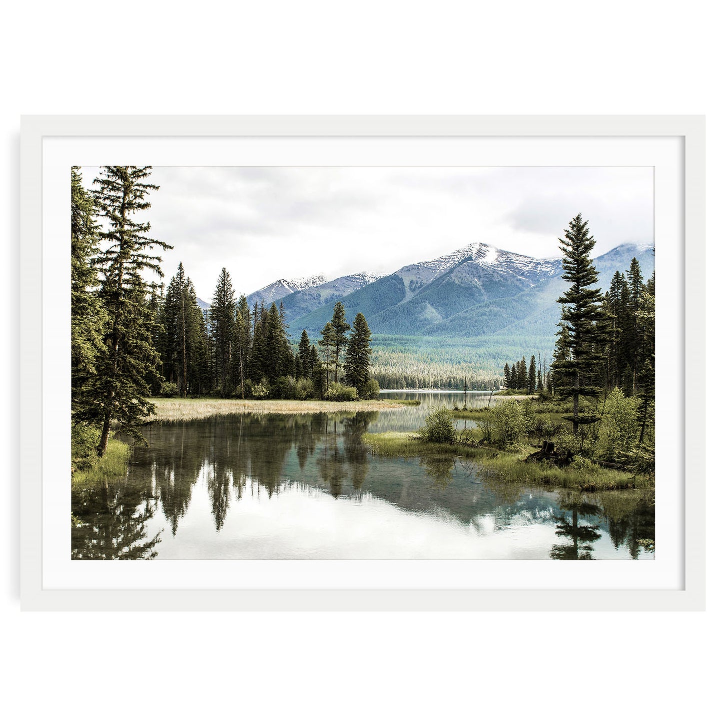 Mountain lake landscape fine art print with calm reflective water and soft surrounding peaks in neutral tones. Nature wall art for peaceful home decor.