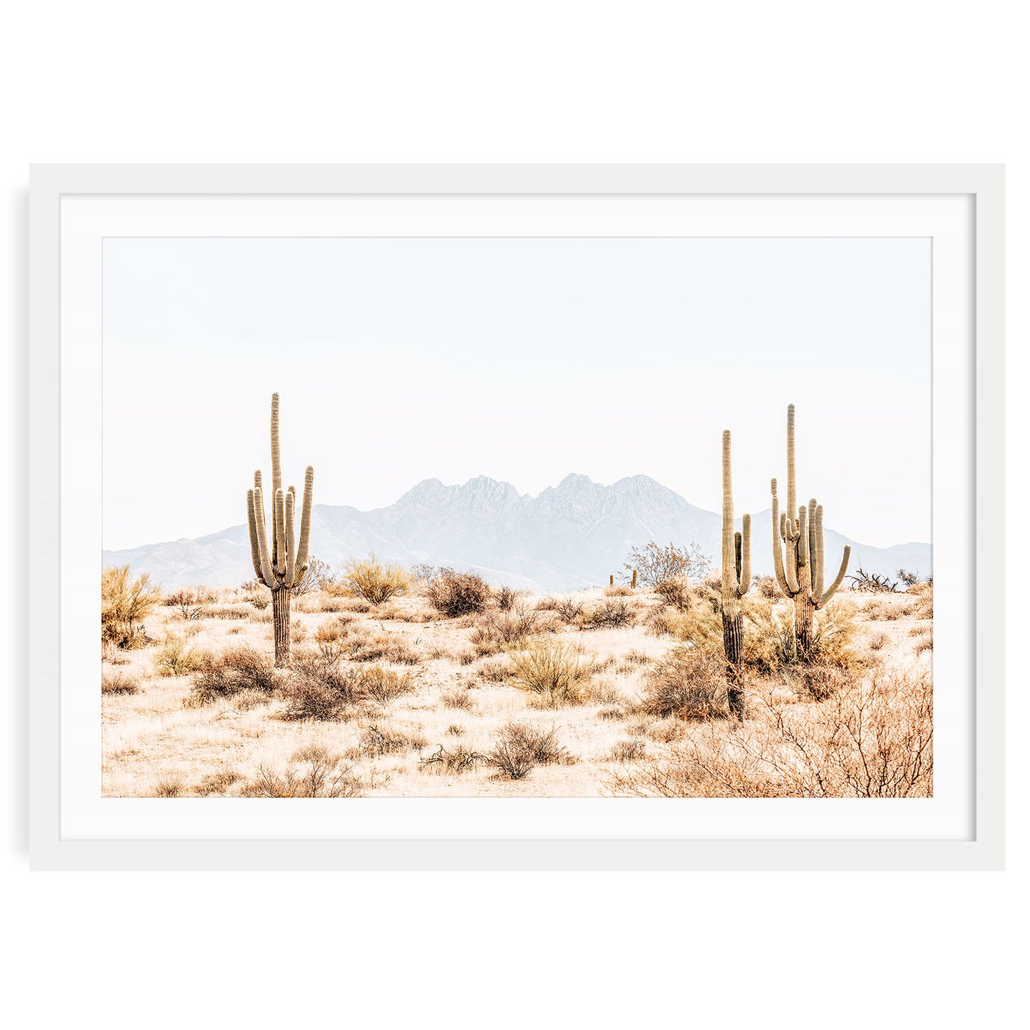 Minimalist wall art print of Four Peaks mountain in Arizona framed by saguaro cacti, neutral desert landscape decor in warm earthy tones.