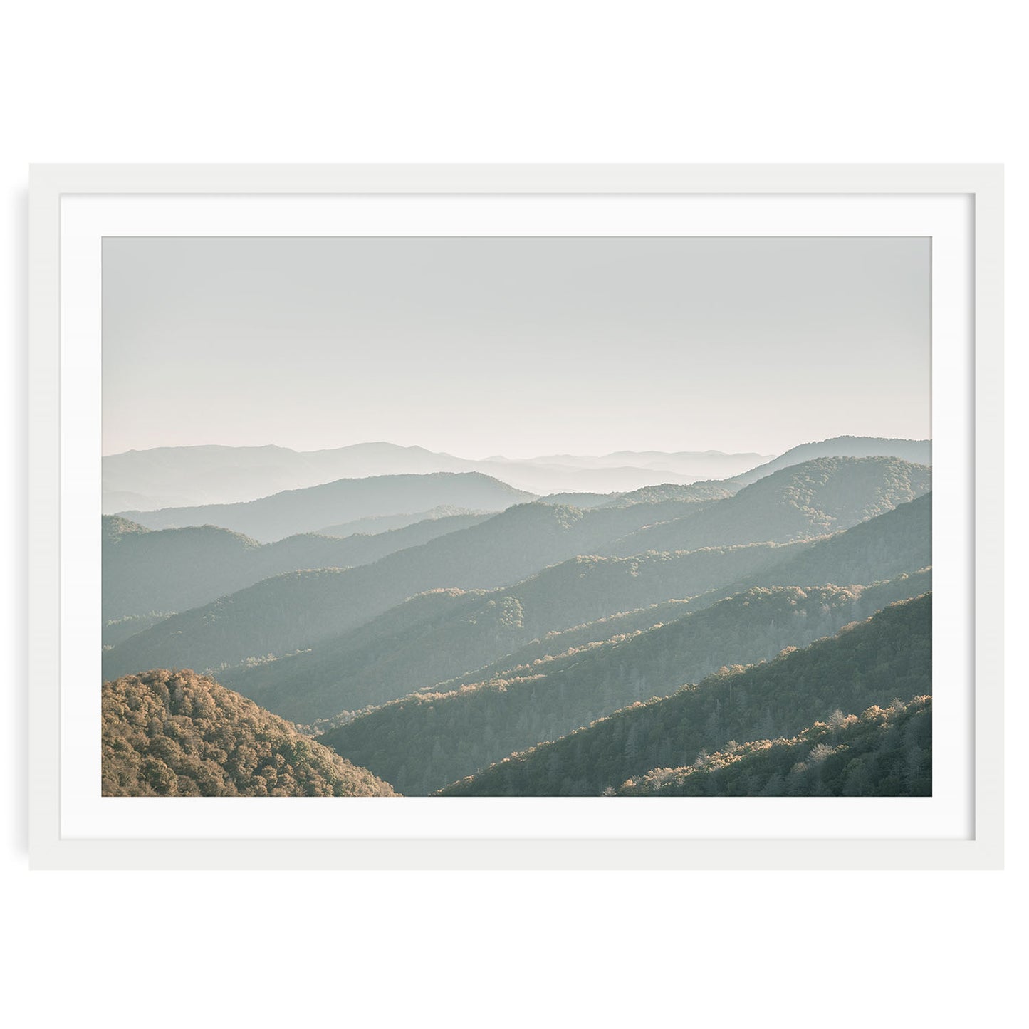 Layered smoky mountain landscape in soft neutral gray and beige tones, with atmospheric mist and gentle light minimalist fine art print for calming home decor.