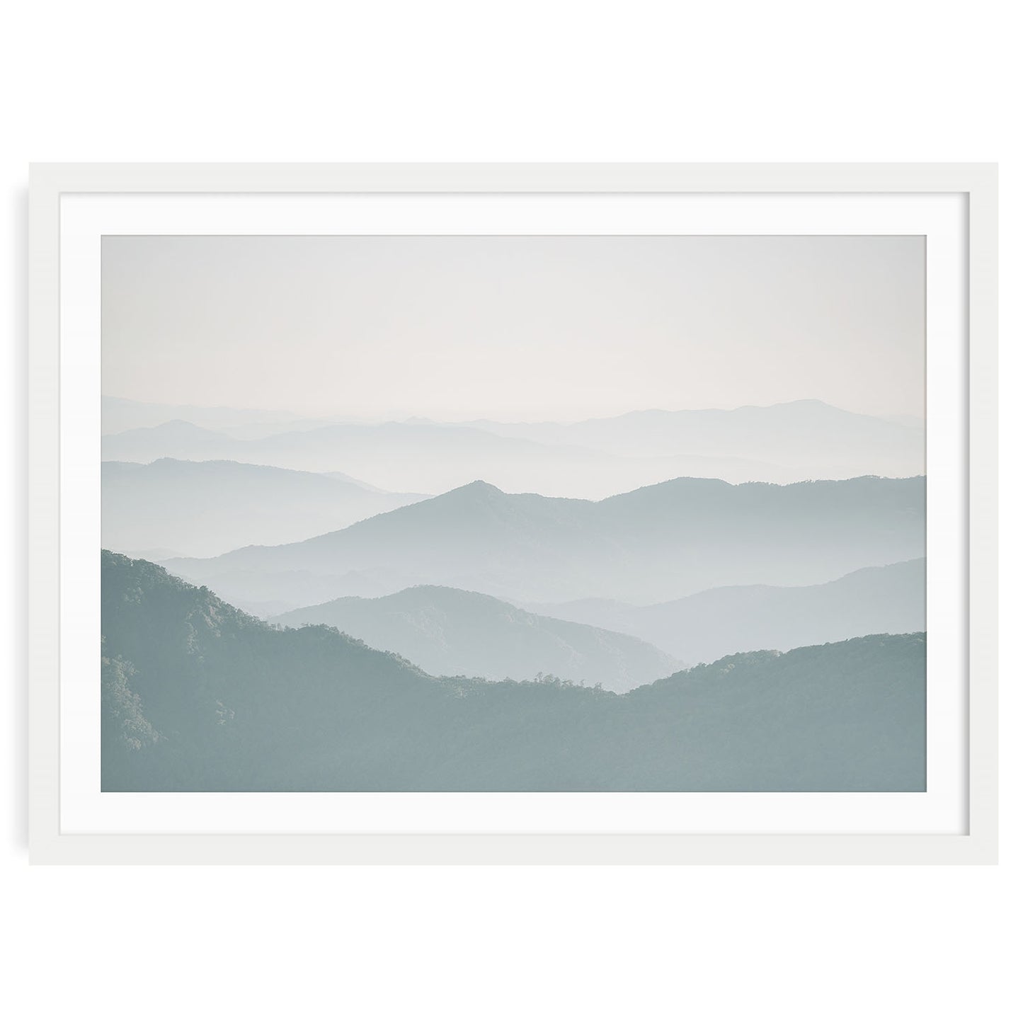Minimalist foggy mountain landscape in soft neutral blue and gray tones, showing gentle overlapping ridges and atmospheric mist modern calming wall art print.