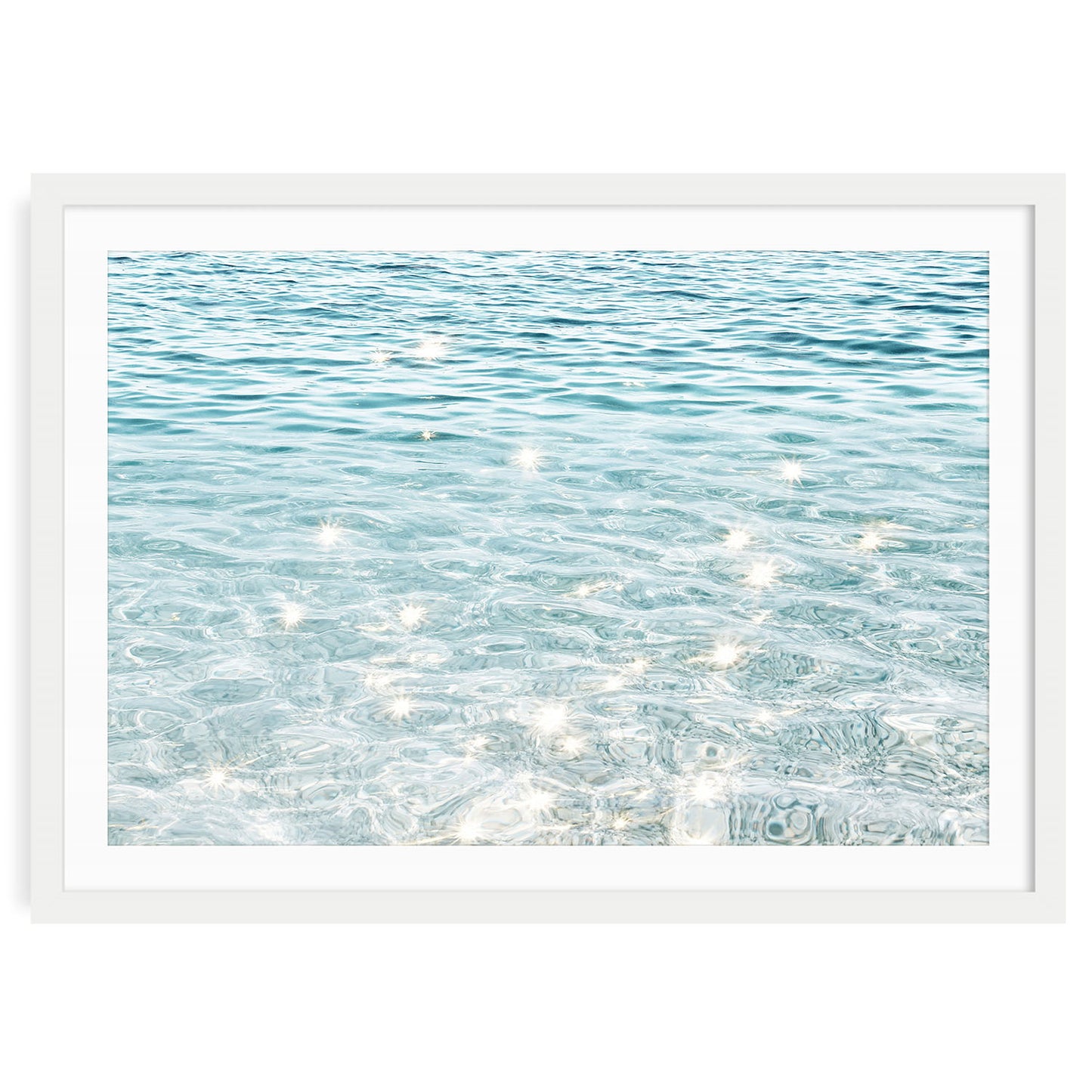 Sparkling ocean water fine art print featuring sunlight reflections on gentle blue waves, perfect coastal wall art for beach-inspired home décor