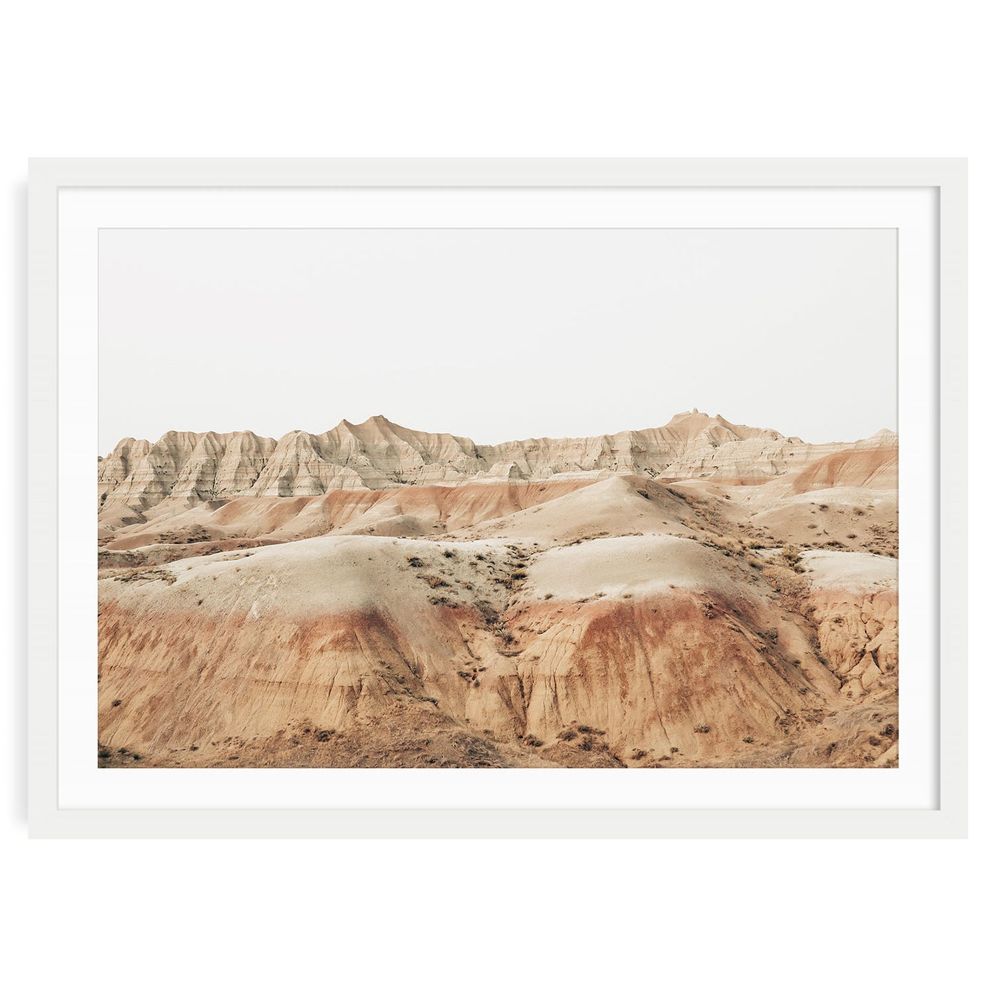 Badlands South Dakota fine art print showing rugged, layered rock formations in warm, neutral desert tones earthy minimalist wall art for modern home decor.
