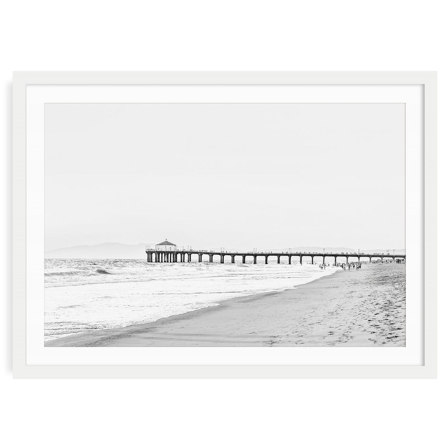 Black and white fine art photograph of Manhattan Beach Pier with ocean waves and horizon, coastal photography wall art print for modern home or office decor