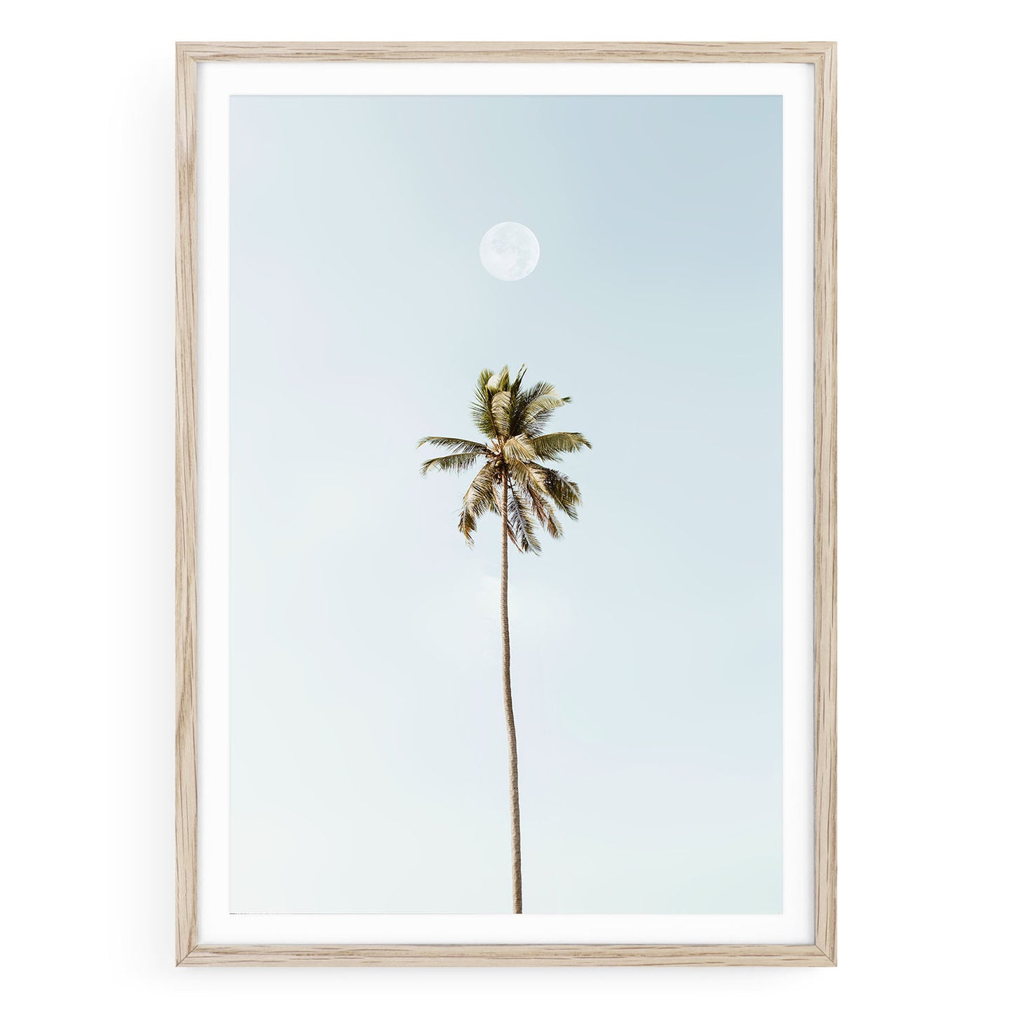 Vertical minimalist tropical palm tree wall art in neutral tones, framed modern coastal decor for bathroom or living room interiors.