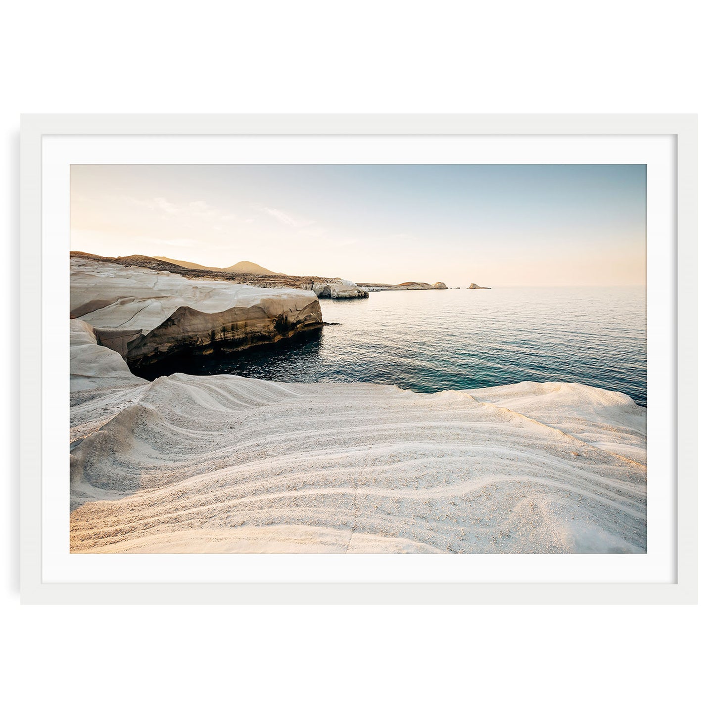 Fine art print of Milos Island cliffs in Greece featuring serene coastal scenery and tranquil blue waters, perfect for Mediterranean or travel-inspired home decor.