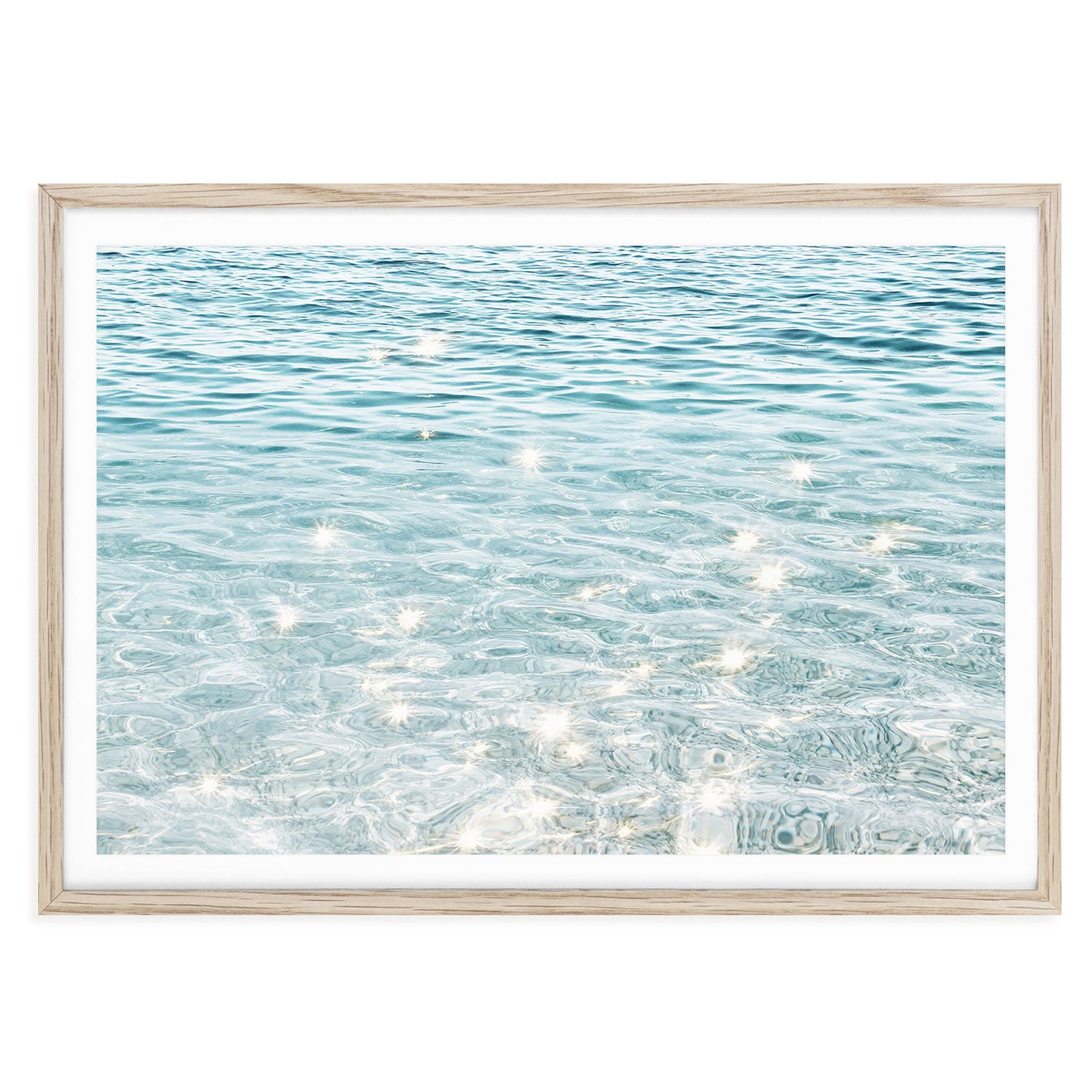 Sparkling ocean water fine art print featuring sunlight reflections on gentle blue waves, perfect coastal wall art for beach-inspired home décor