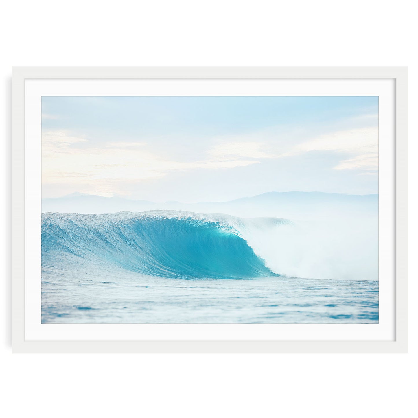 Close-up photo of a blue ocean wave barrel curling in motion. Fine art surf photography that adds dynamic coastal energy and depth to modern wall spaces.