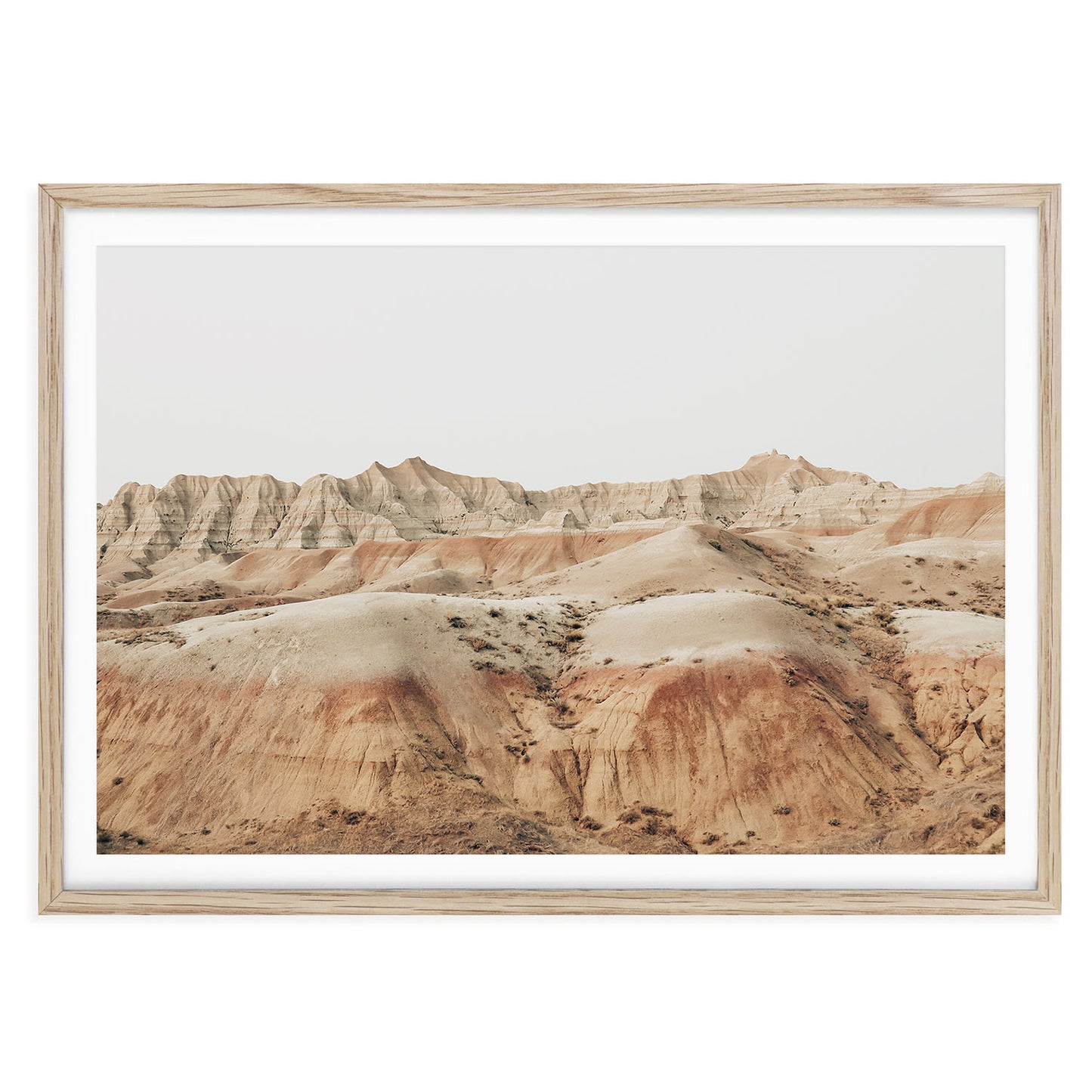 Badlands South Dakota fine art print showing rugged, layered rock formations in warm, neutral desert tones earthy minimalist wall art for modern home decor.