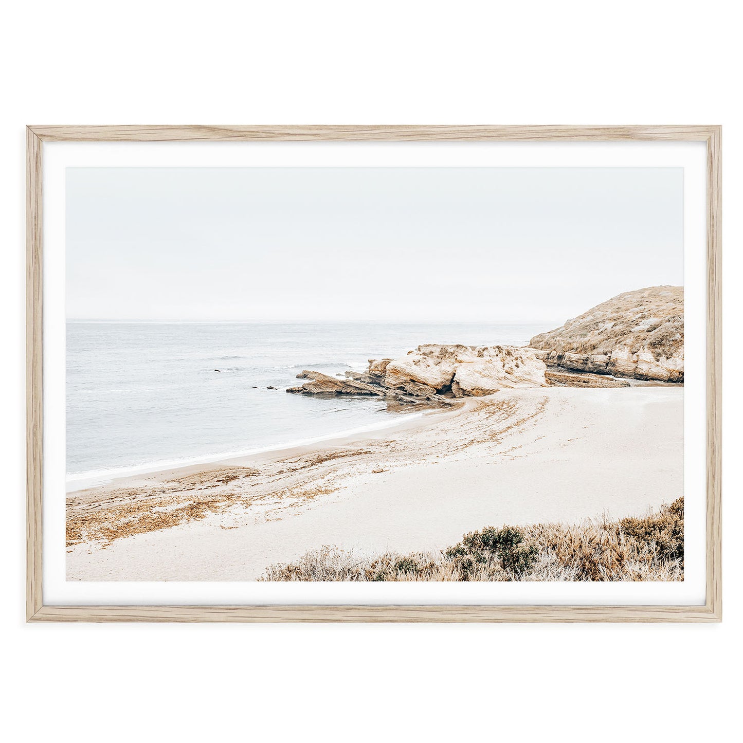 Minimalist Montaña de Oro beach print featuring soft ocean waves and coastal cliffs, neutral tones for modern minimalist wall decor