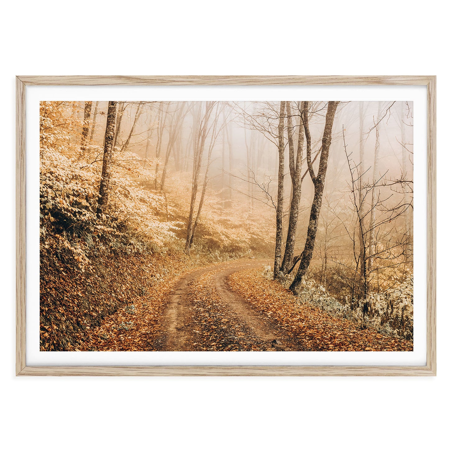 Fall forest path print with golden autumn leaves, trees in warm tones, and a winding trail seasonal nature wall art for cozy, rustic home decor.