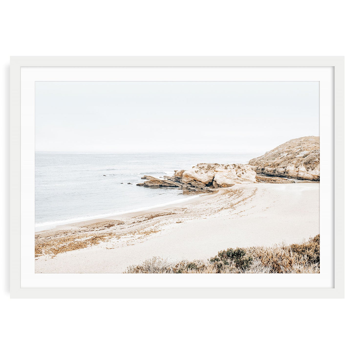 Minimalist Montaña de Oro beach print featuring soft ocean waves and coastal cliffs, neutral tones for modern minimalist wall decor