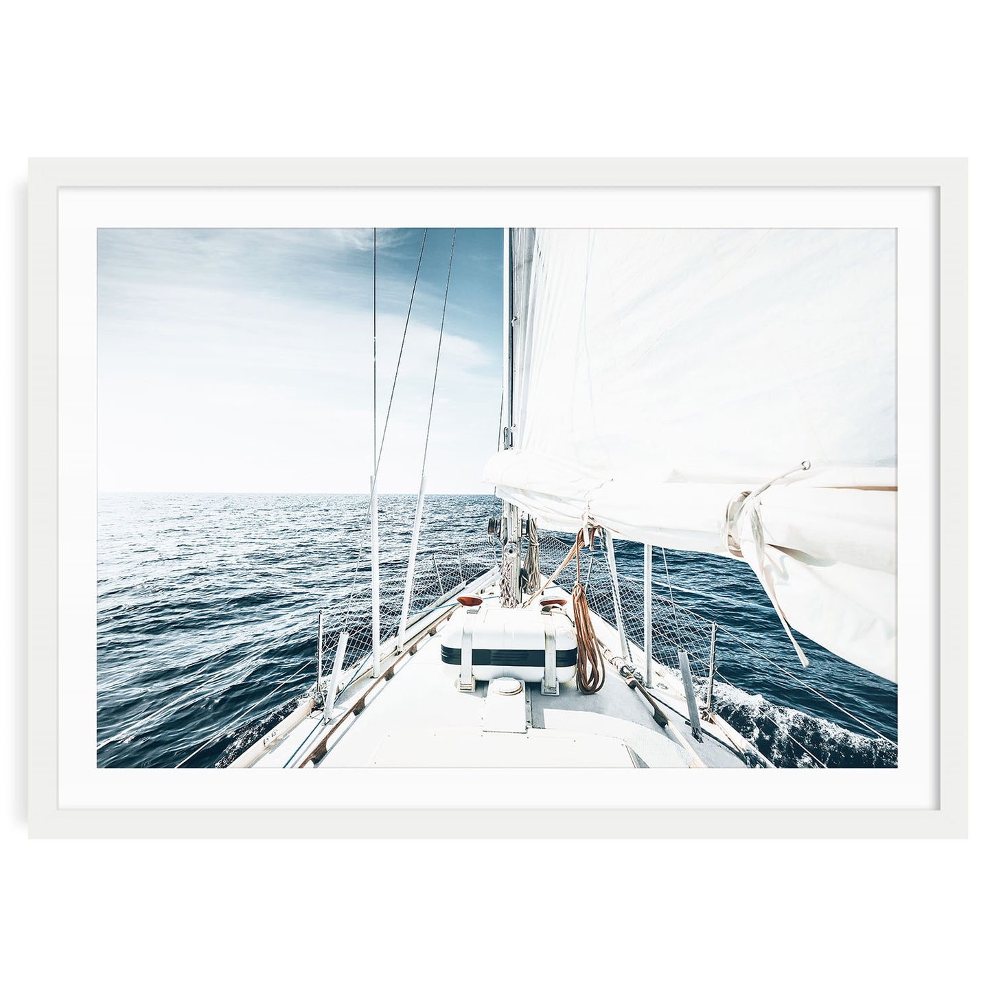 Sailing yacht on calm ocean waters under clear sky nautical photography fine art print framed