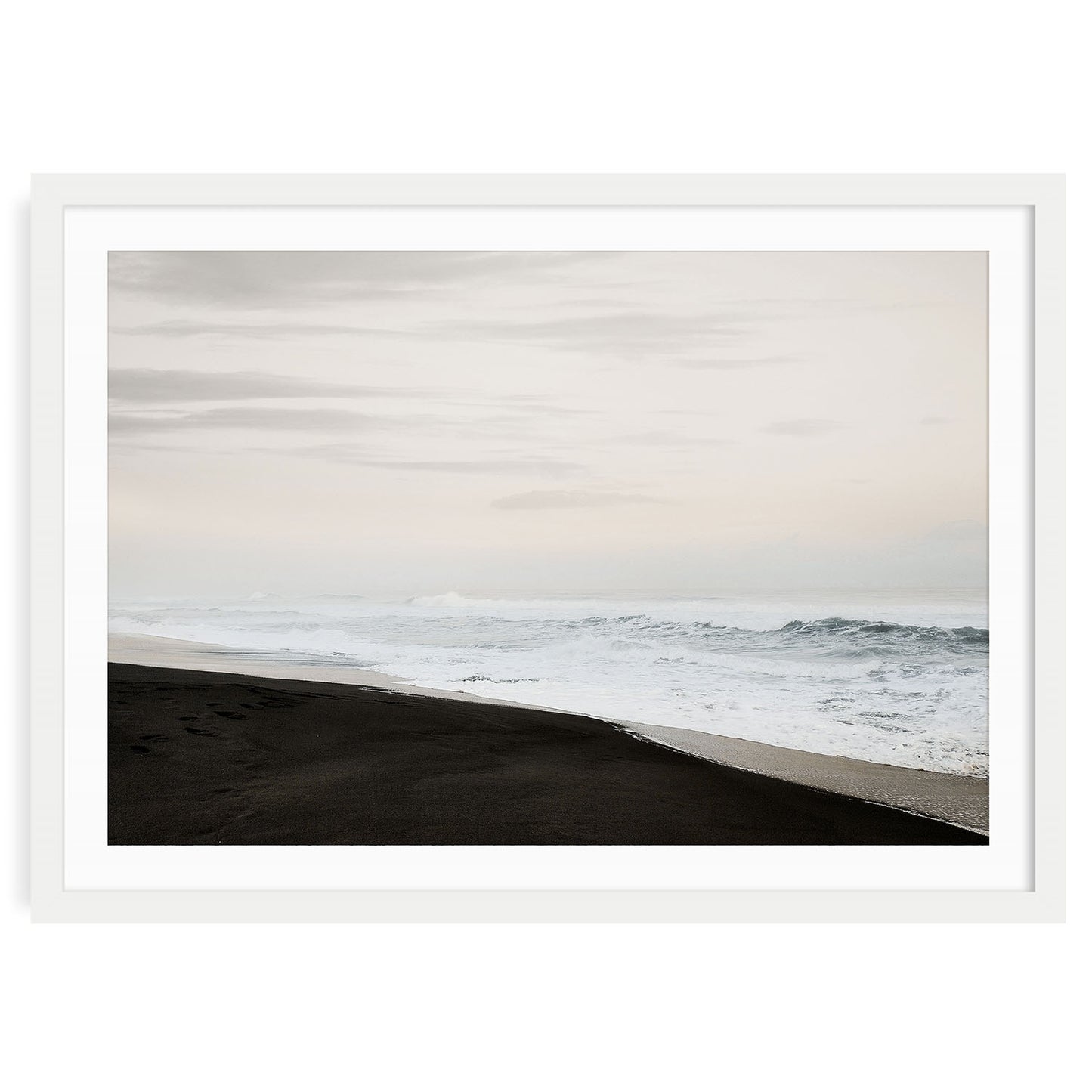 Black Sand Beach fine art print featuring moody coastal seascape with black sand shoreline and ocean waves, minimalist framed or unframed wall decor