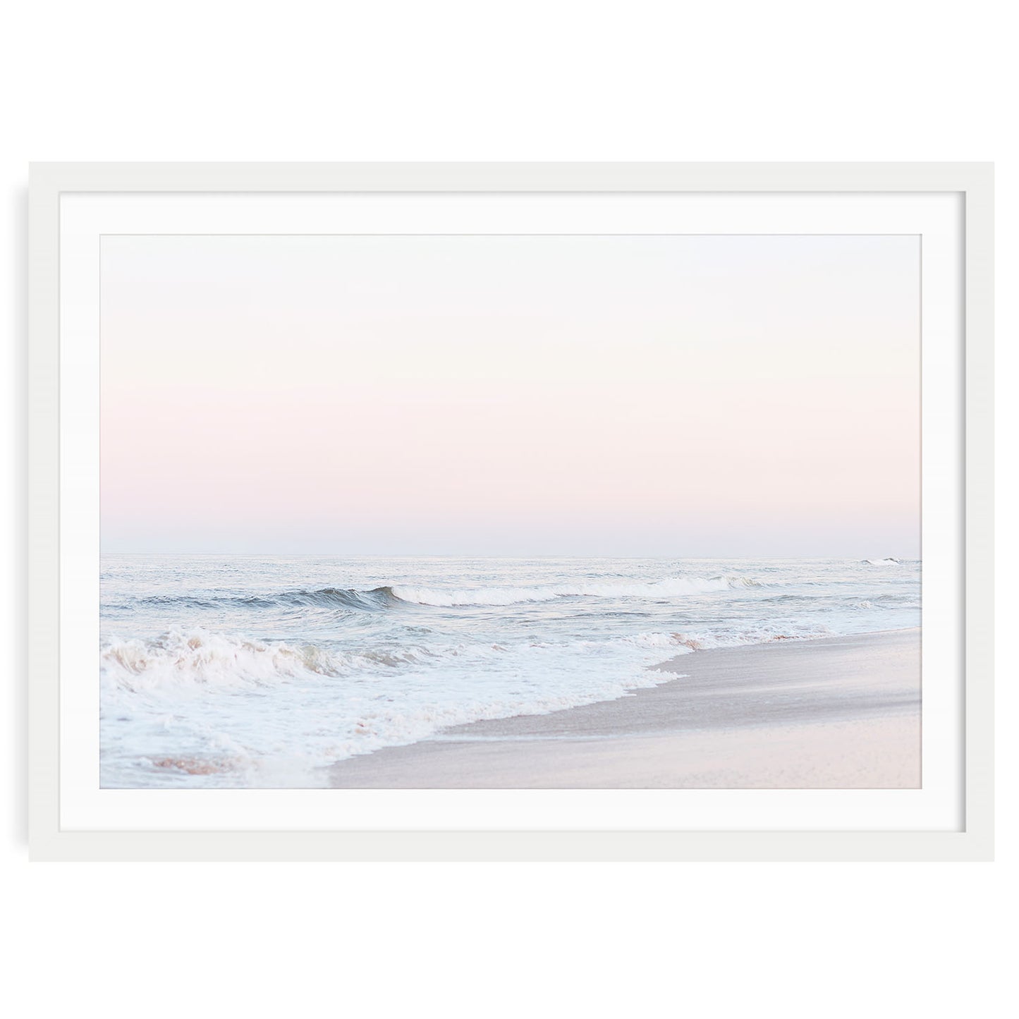 Minimalist ocean photo with pastel pink sunset, serene beach wall art, soft coastal photography print for bedroom or living room, framed or unframed