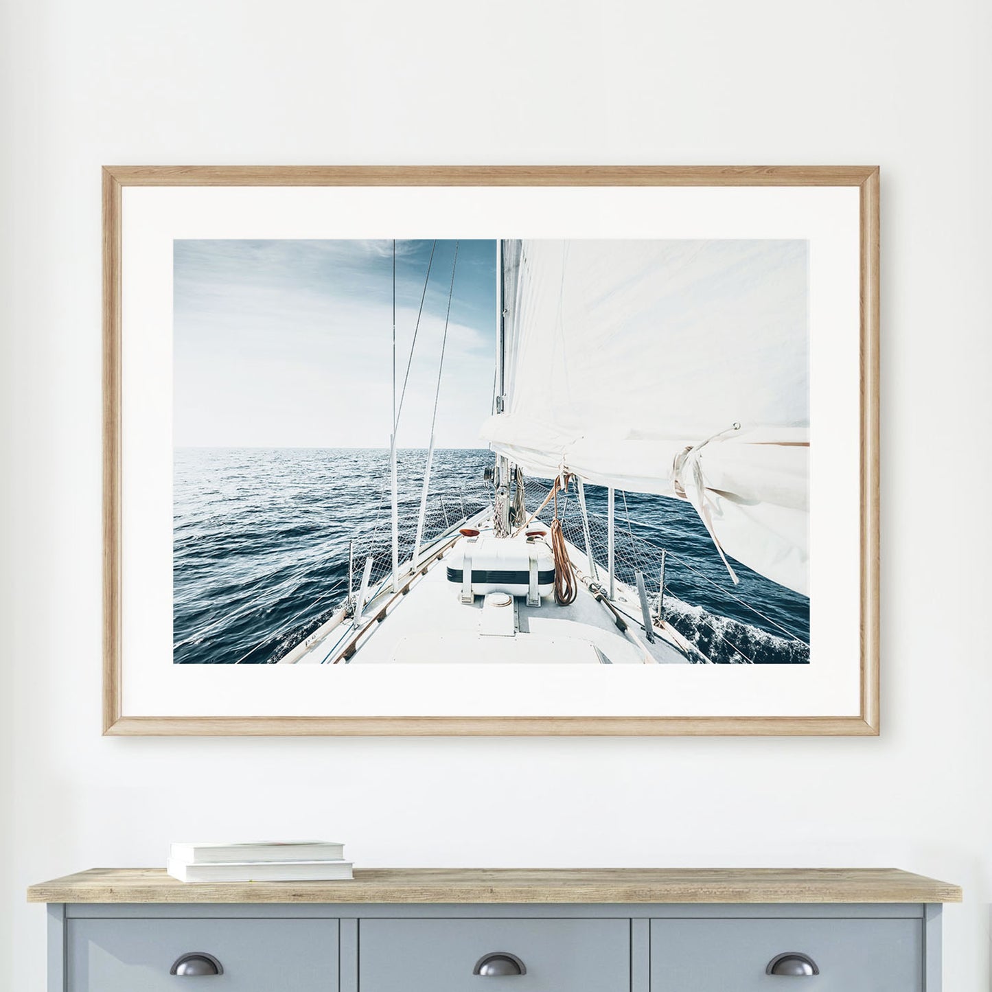 Sailing yacht on calm ocean waters under clear sky nautical photography fine art print framed