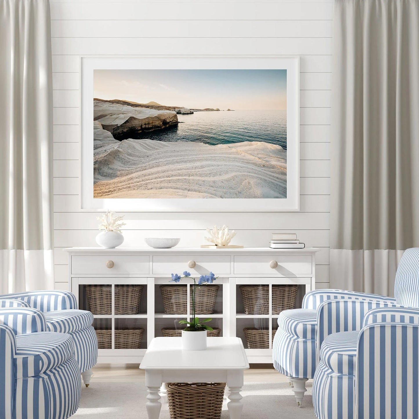 Fine art print of Milos Island cliffs in Greece featuring serene coastal scenery and tranquil blue waters, perfect for Mediterranean or travel-inspired home decor.