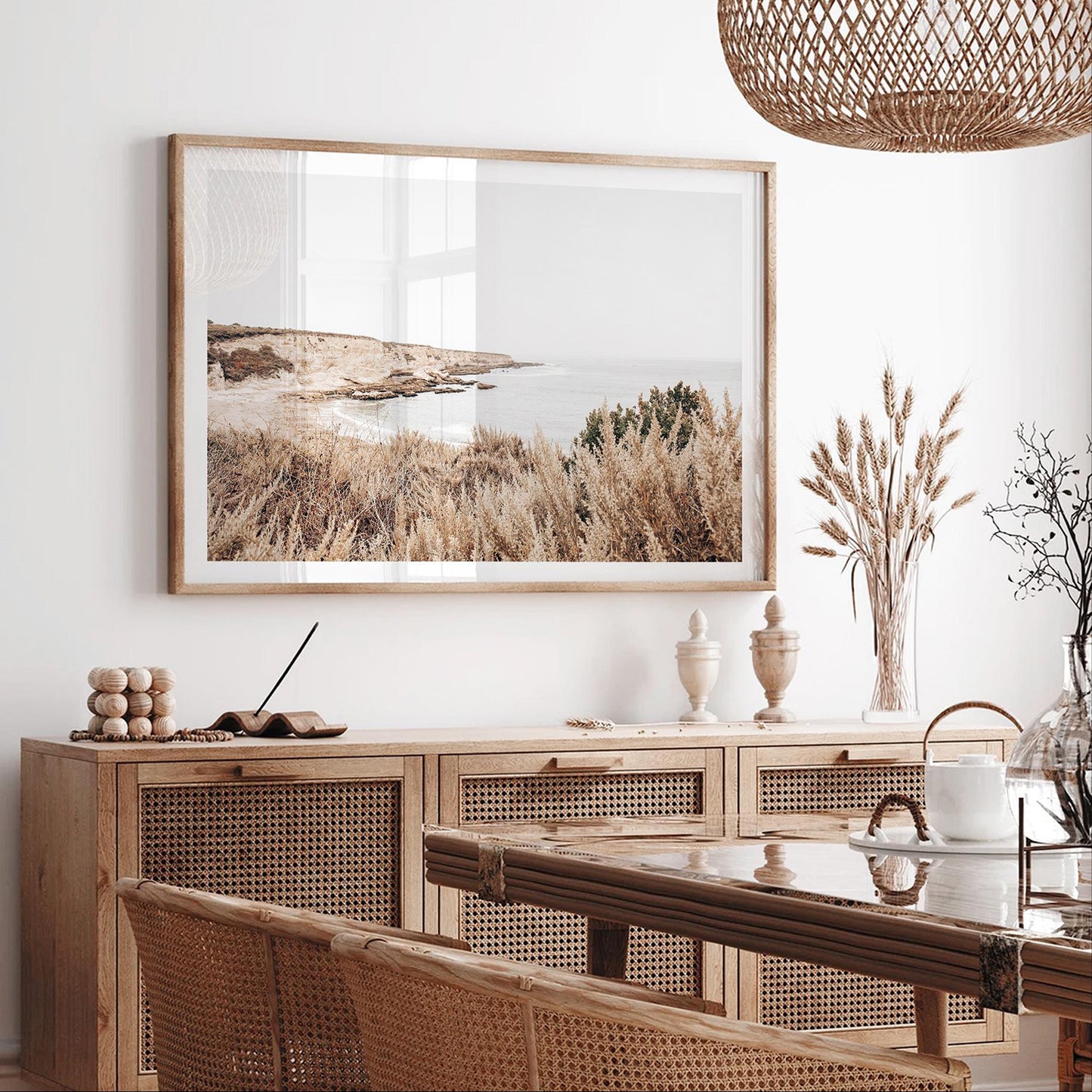 Neutral-toned Montaña de Oro ocean cliff print featuring muted beige coastal landscape, perfect for serene nature-inspired and minimalist California home decor.