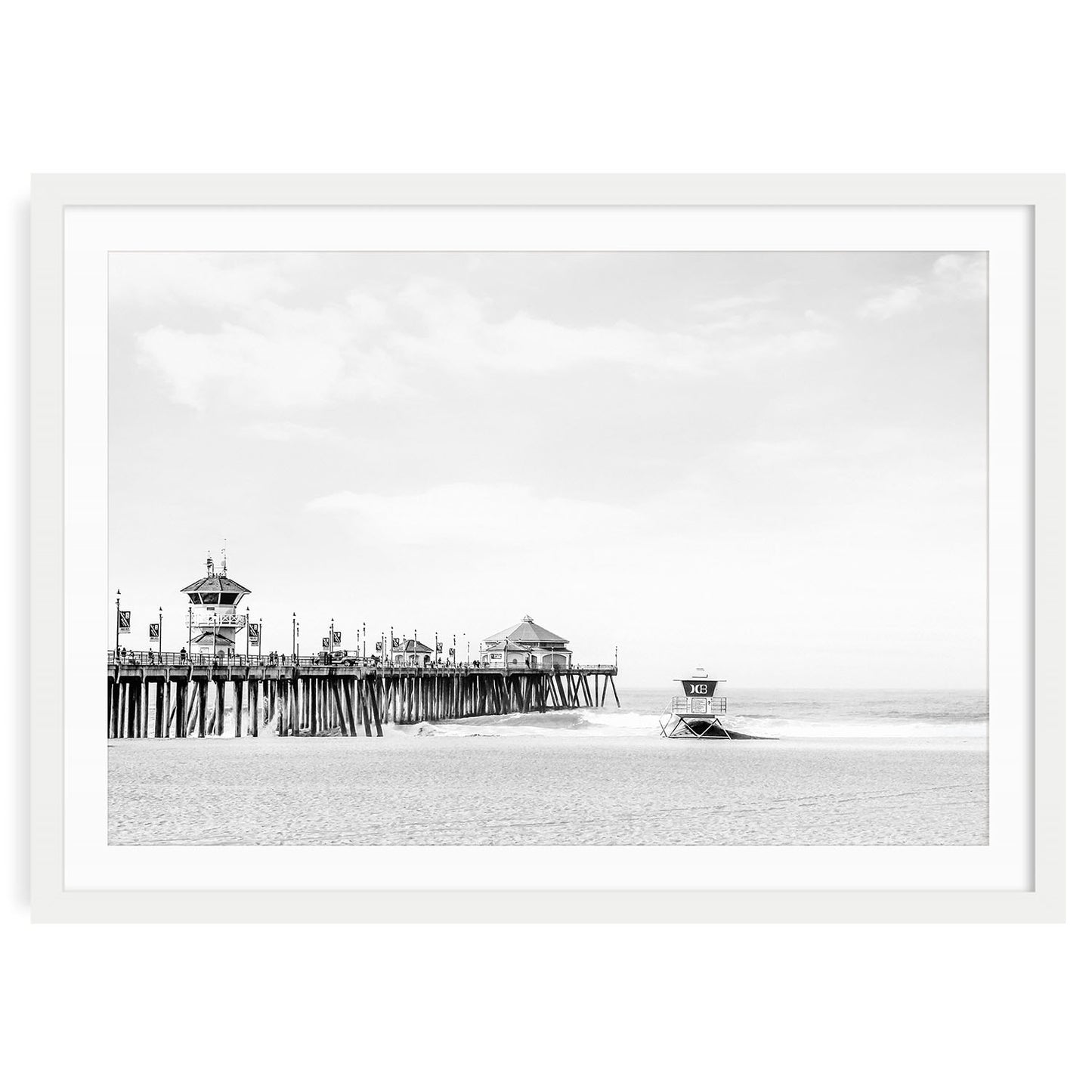 Black and white photograph of Huntington Beach Pier with ocean and horizon wall art print