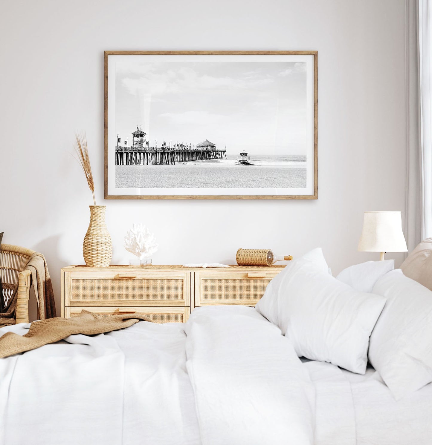 Minimalist black and white Huntington Beach Pier wall decor, ideal for bedroom or office