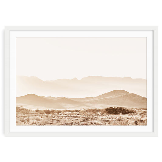Minimalist fine art photo of desert mountains in soft neutral tones, modern boho wall art for beige nature-inspired interiors and grounded home decor.