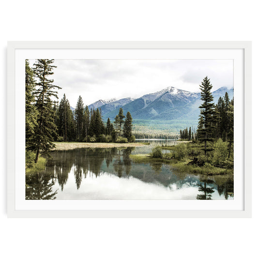 Mountain lake landscape fine art print with calm reflective water and soft surrounding peaks in neutral tones. Nature wall art for peaceful home decor.