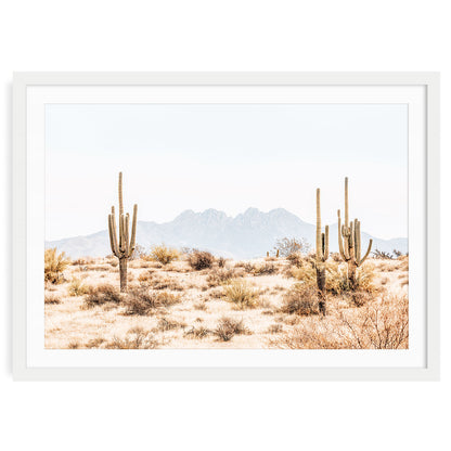 Minimalist wall art print of Four Peaks mountain in Arizona framed by saguaro cacti, neutral desert landscape decor in warm earthy tones.