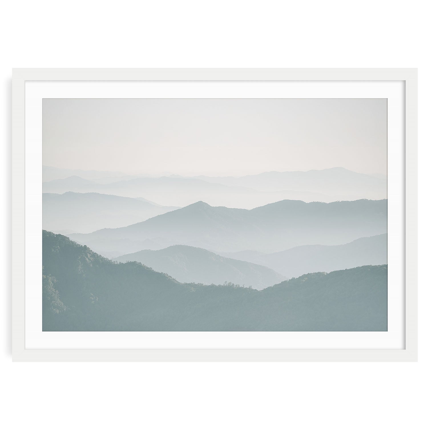 Minimalist foggy mountain landscape in soft neutral blue and gray tones, showing gentle overlapping ridges and atmospheric mist modern calming wall art print.