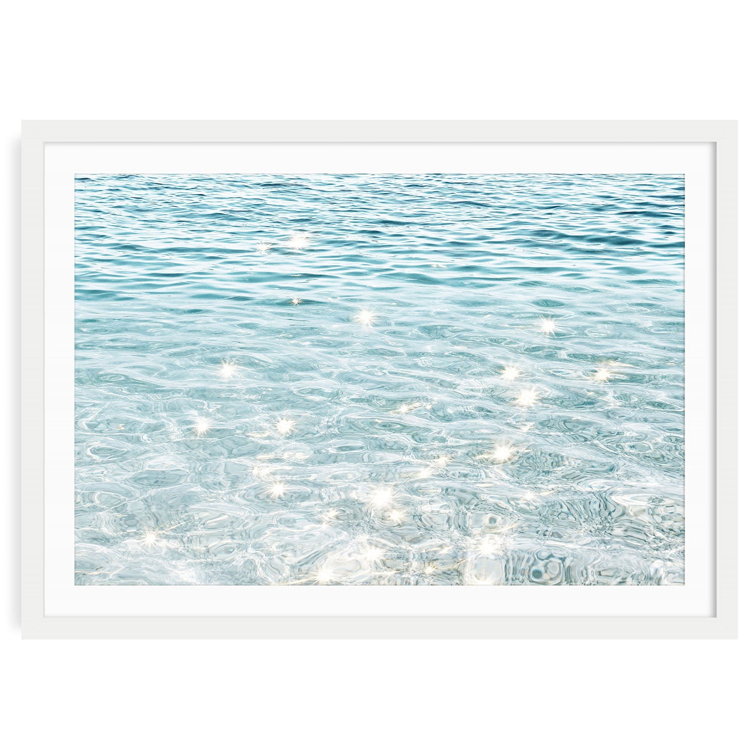 Sparkling ocean water fine art print featuring sunlight reflections on gentle blue waves, perfect coastal wall art for beach-inspired home décor