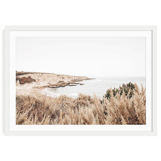 Neutral-toned Montaña de Oro ocean cliff print featuring muted beige coastal landscape, perfect for serene nature-inspired and minimalist California home decor.