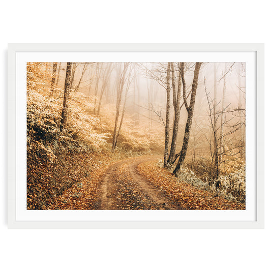 Fall forest path print with golden autumn leaves, trees in warm tones, and a winding trail seasonal nature wall art for cozy, rustic home decor.