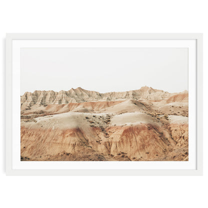 Badlands South Dakota fine art print showing rugged, layered rock formations in warm, neutral desert tones earthy minimalist wall art for modern home decor.