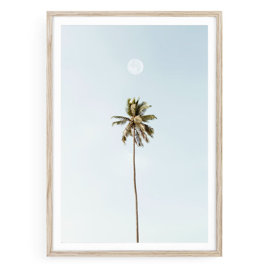 Vertical minimalist tropical palm tree wall art in neutral tones, framed modern coastal decor for bathroom or living room interiors.