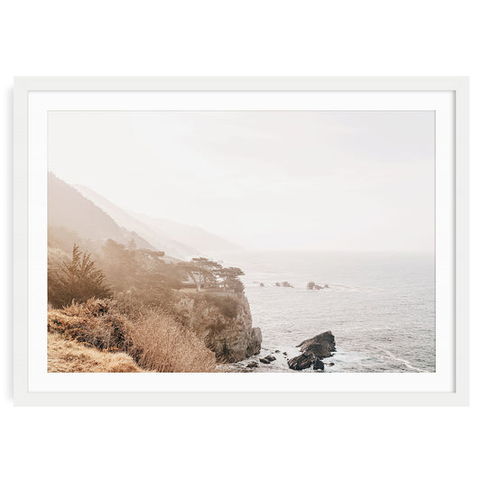 Big Sur coastline fine art print featuring foggy California ocean cliffs, rugged shore photography, neutral tones for coastal wall decor, framed or unframed