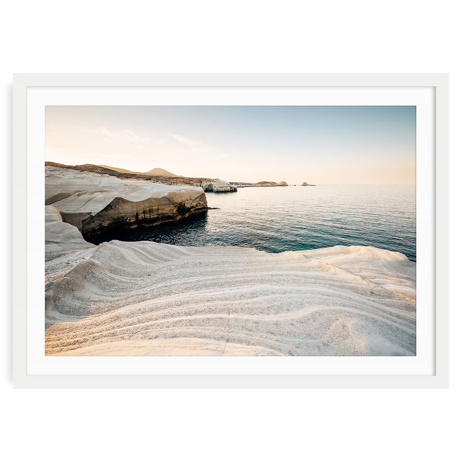 Fine art print of Milos Island cliffs in Greece featuring serene coastal scenery and tranquil blue waters, perfect for Mediterranean or travel-inspired home decor.