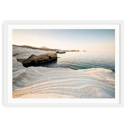 Fine art print of Milos Island cliffs in Greece featuring serene coastal scenery and tranquil blue waters, perfect for Mediterranean or travel-inspired home decor.