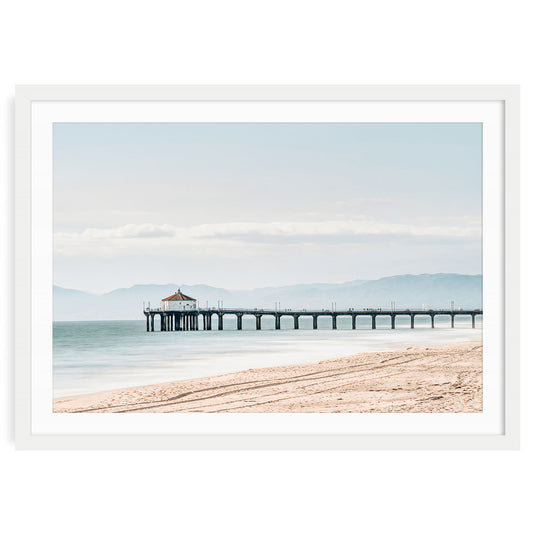 Manhattan Beach Pier in soft blue tones, minimalist California coastal photography print, framed or unframed wall art for serene modern beach house decor.