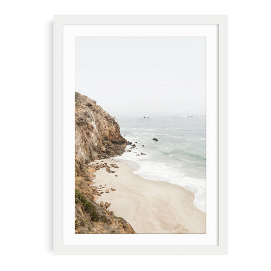 Big Sur beach cliffs fine art print featuring rugged coastal cliffs. Soft beige tones evoke calm, modern coastal style.
