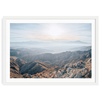 Joshua Tree desert landscape with rocky formations and sandy desert terrain fine art print.