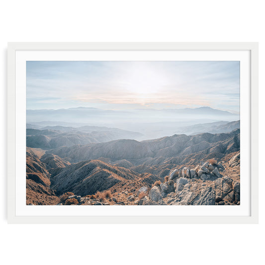Joshua Tree desert landscape with rocky formations and sandy desert terrain fine art print.