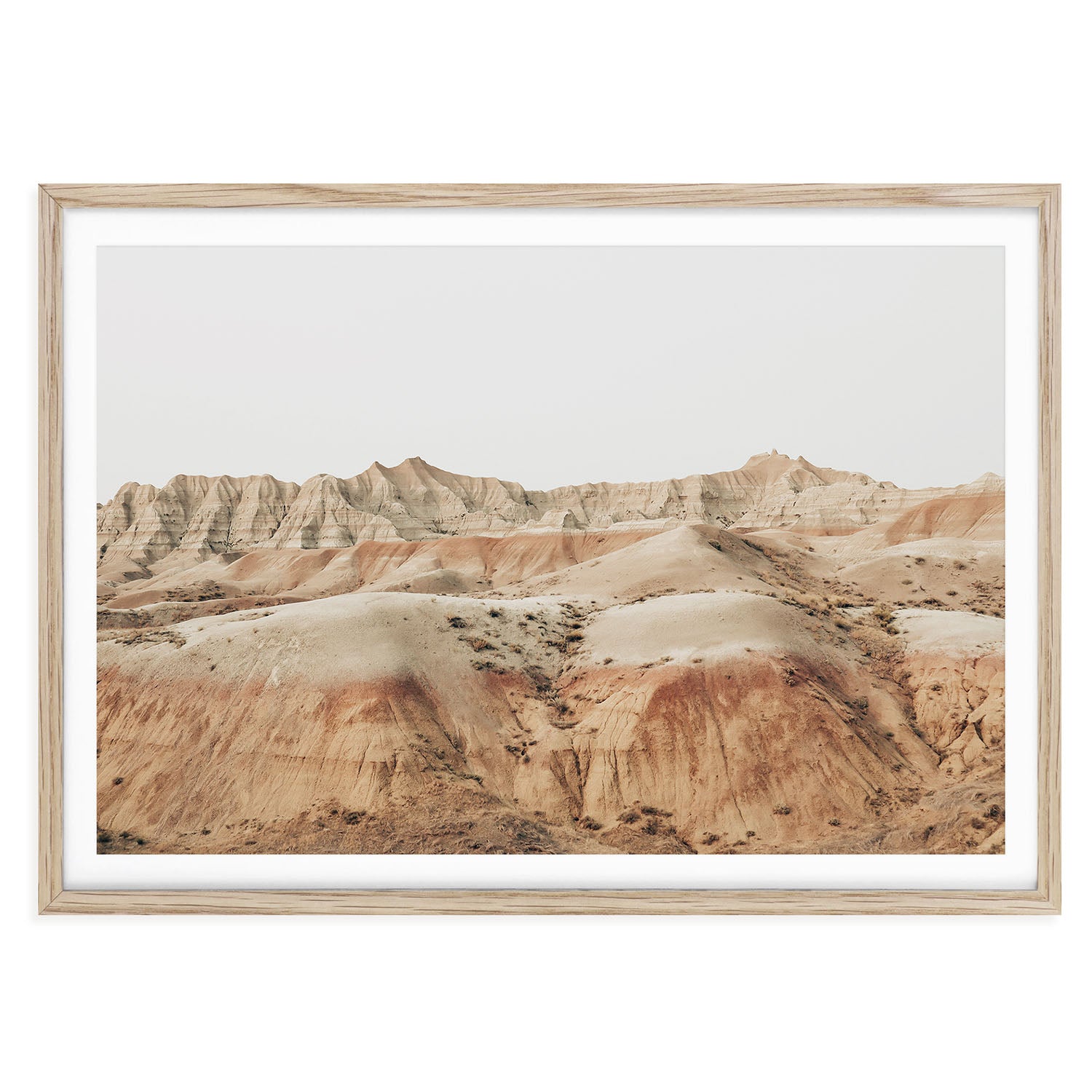 Badlands South Dakota fine art print showing rugged, layered rock formations in warm, neutral desert tones earthy minimalist wall art for modern home decor.