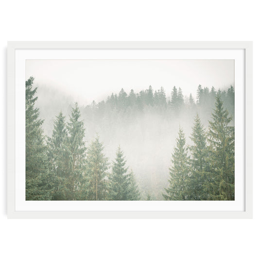 Foggy evergreen forest landscape with soft mist and layered pine trees in muted green and gray tones—minimalist wall art print for calming natural home decor.