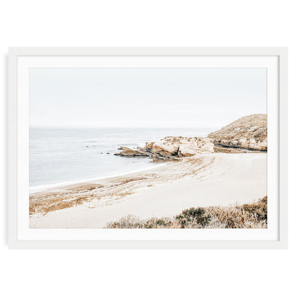Minimalist Montaña de Oro beach print featuring soft ocean waves and coastal cliffs, neutral tones for modern minimalist wall decor