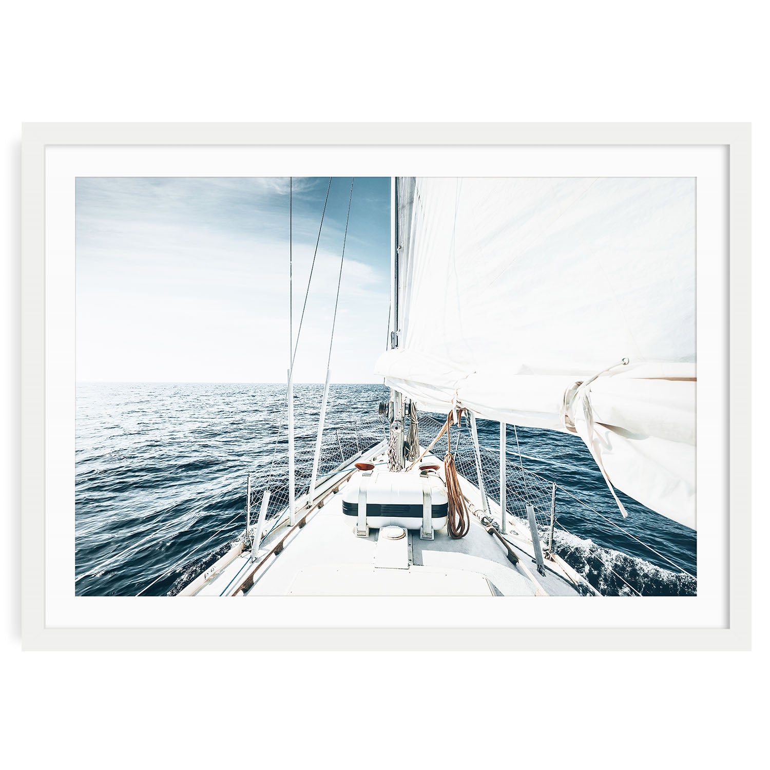 Sailing yacht on calm ocean waters under clear sky nautical photography fine art print framed