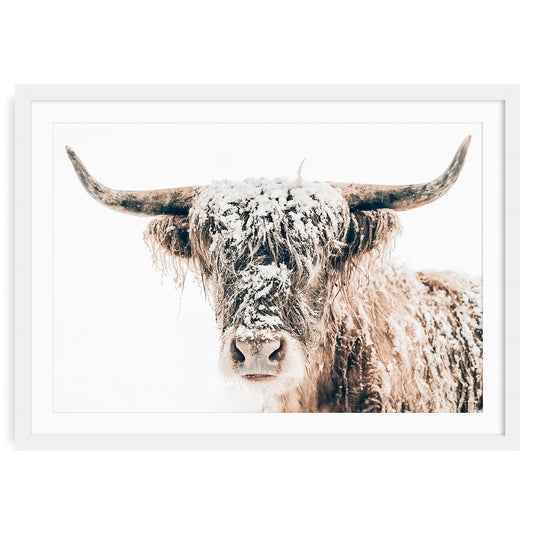 Framed horizontal Highland cow wall art print in neutral brown tones with rustic winter background, ideal for farmhouse or cozy country-style living rooms