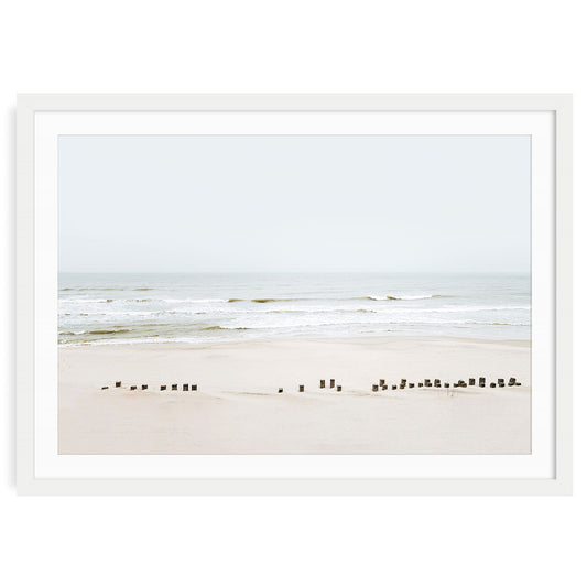 Neutral beach wall art featuring a minimalist ocean scene in soft tones, horizontal framed seascape print for calming coastal home decor.