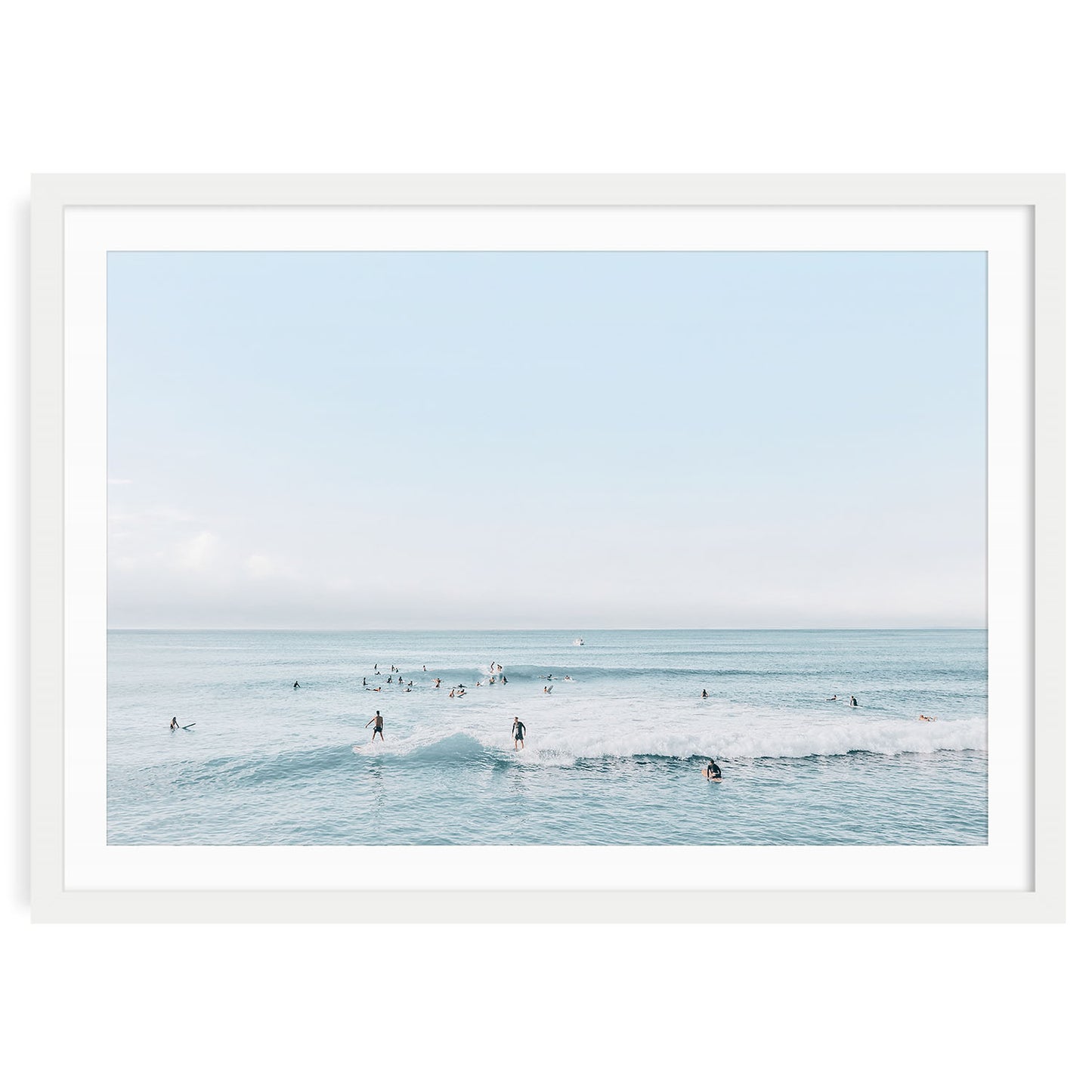 Minimalist aerial surf print showing surfers on turquoise waves, captured from above — fine art beach photography for coastal or modern ocean decor.