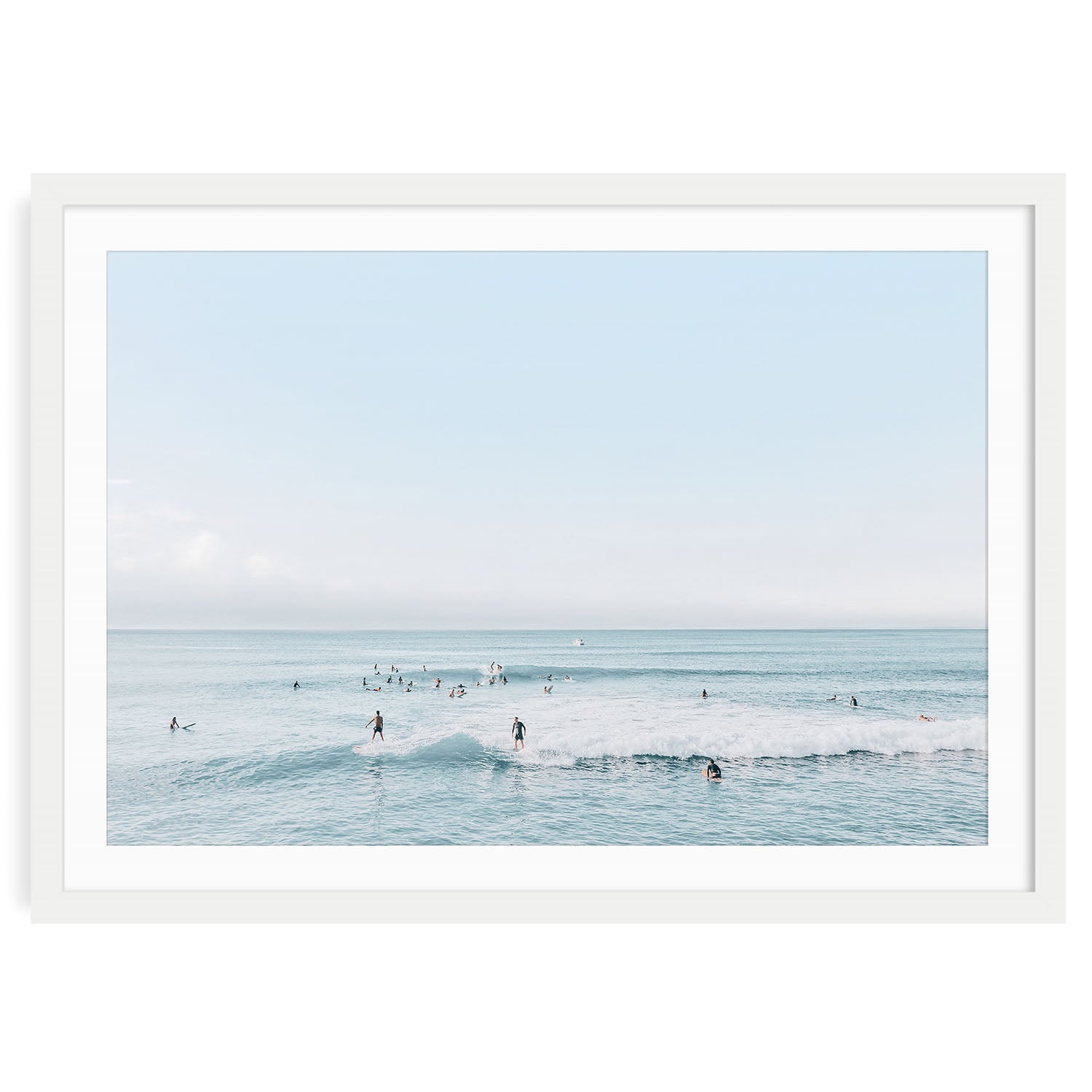 Minimalist aerial surf print showing surfers on turquoise waves, captured from above — fine art beach photography for coastal or modern ocean decor.