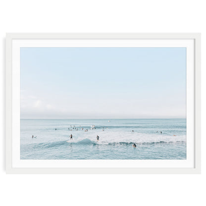 Minimalist aerial surf print showing surfers on turquoise waves, captured from above — fine art beach photography for coastal or modern ocean decor.