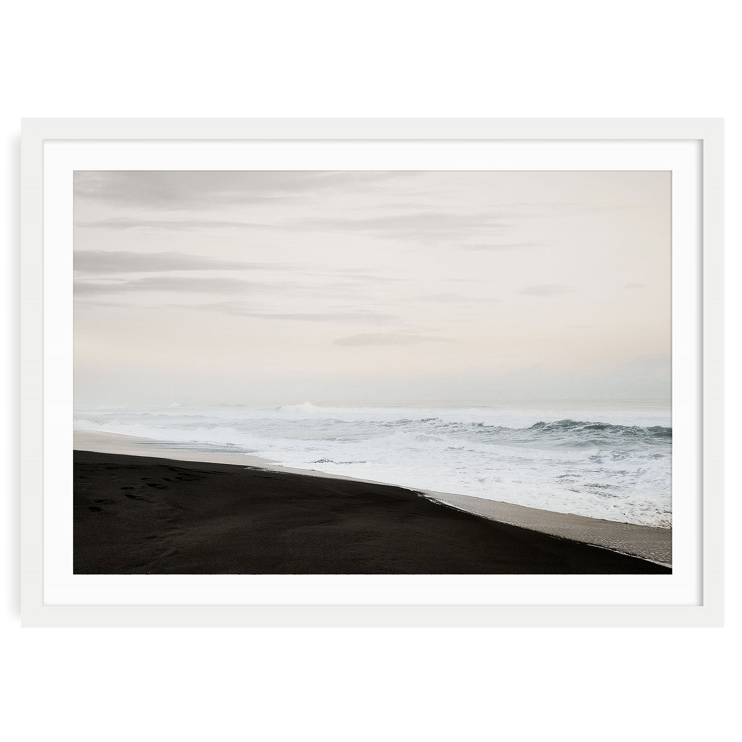 Black Sand Beach fine art print featuring moody coastal seascape with black sand shoreline and ocean waves, minimalist framed or unframed wall decor